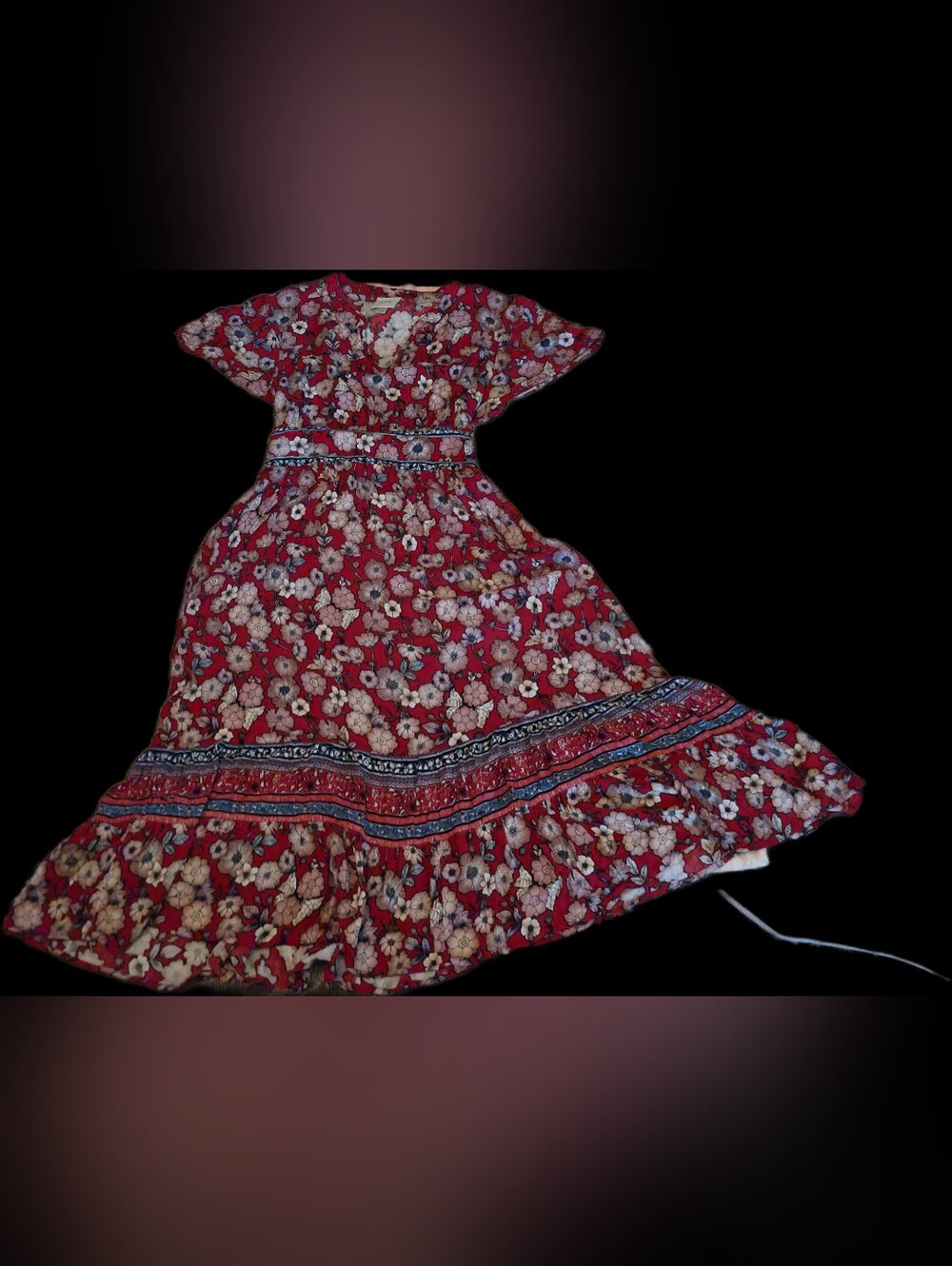 Knox Rose Red Floral Maxi Dress with Trimed Hem Lg.
